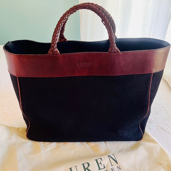 VINTAGE RALPH LAUREN LINEN LEATHER TOTE BAG - Picture 1 of 5